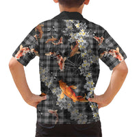 Black Palaka Hawaiian And Japanese Family Matching Short Sleeve Bodycon Dress and Hawaiian Shirt Sakura Lei With Koi Fish - Polynesian Pride