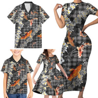 Black Palaka Hawaiian And Japanese Family Matching Short Sleeve Bodycon Dress and Hawaiian Shirt Sakura Lei With Koi Fish - Polynesian Pride