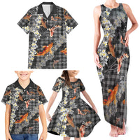 Black Palaka Hawaiian And Japanese Family Matching Tank Maxi Dress and Hawaiian Shirt Sakura Lei With Koi Fish - Polynesian Pride