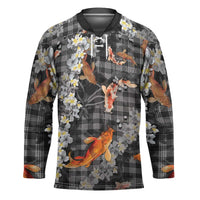 Black Palaka Hawaiian And Japanese Hockey Jersey Sakura Lei With Koi Fish DT05 Unisex Black - Polynesian Pride