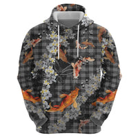 Black Palaka Hawaiian And Japanese Hoodie Sakura Lei With Koi Fish - Polynesian Pride