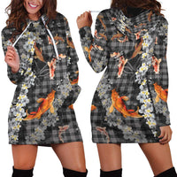 Black Palaka Hawaiian And Japanese Hoodie Dress Sakura Lei With Koi Fish - Polynesian Pride