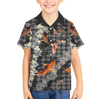 Black Palaka Hawaiian And Japanese Kid Hawaiian Shirt Sakura Lei With Koi Fish DT05 Kid Black - Polynesian Pride