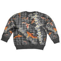 Black Palaka Hawaiian And Japanese Kid Ugly Christmas Sweater Sakura Lei With Koi Fish - Polynesian Pride