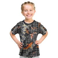 Black Palaka Hawaiian And Japanese Kid T Shirt Sakura Lei With Koi Fish - Polynesian Pride