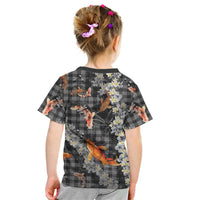 Black Palaka Hawaiian And Japanese Kid T Shirt Sakura Lei With Koi Fish DT05 - Polynesian Pride