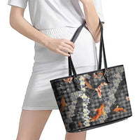 Black Palaka Hawaiian And Japanese Leather Tote Bag Sakura Lei With Koi Fish DT05 - Polynesian Pride