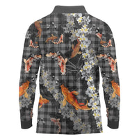 Black Palaka Hawaiian And Japanese Long Sleeve Polo Shirt Sakura Lei With Koi Fish DT05 - Polynesian Pride