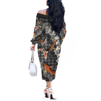 Black Palaka Hawaiian And Japanese Off The Shoulder Long Sleeve Dress Sakura Lei With Koi Fish - Polynesian Pride