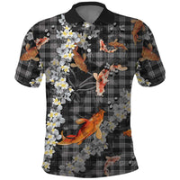 Black Palaka Hawaiian And Japanese Polo Shirt Sakura Lei With Koi Fish DT05 Black - Polynesian Pride