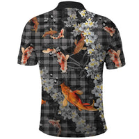 Black Palaka Hawaiian And Japanese Polo Shirt Sakura Lei With Koi Fish - Polynesian Pride