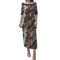 Black Palaka Hawaiian And Japanese Puletasi Sakura Lei With Koi Fish DT05 Long Dress Black - Polynesian Pride