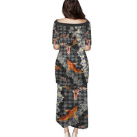 Black Palaka Hawaiian And Japanese Puletasi Sakura Lei With Koi Fish DT05 - Polynesian Pride