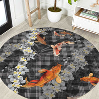 Black Palaka Hawaiian And Japanese Round Carpet Sakura Lei With Koi Fish - Polynesian Pride