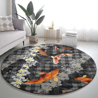 Black Palaka Hawaiian And Japanese Round Carpet Sakura Lei With Koi Fish - Polynesian Pride