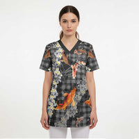 Black Palaka Hawaiian And Japanese Scrub Top Sakura Lei With Koi Fish DT05 - Polynesian Pride