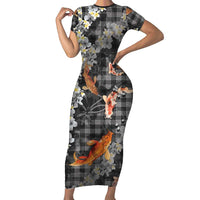 Black Palaka Hawaiian And Japanese Short Sleeve Bodycon Dress Sakura Lei With Koi Fish DT05 Long Dress Black - Polynesian Pride