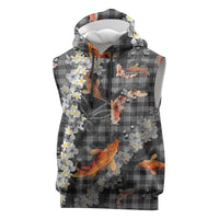 Black Palaka Hawaiian And Japanese Sleeveless Hoodie Sakura Lei With Koi Fish DT05 Black - Polynesian Pride