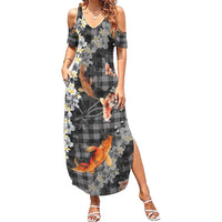 Black Palaka Hawaiian And Japanese Summer Maxi Dress Sakura Lei With Koi Fish DT05 Women Black - Polynesian Pride