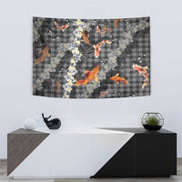 Black Palaka Hawaiian And Japanese Tapestry Sakura Lei With Koi Fish - Polynesian Pride
