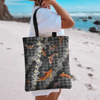 Black Palaka Hawaiian And Japanese Tote Bag Sakura Lei With Koi Fish - Polynesian Pride