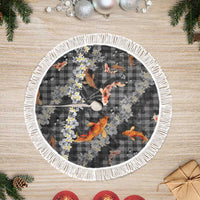 Black Palaka Hawaiian And Japanese Tree Skirt Sakura Lei With Koi Fish DT05 Fringed Black - Polynesian Pride