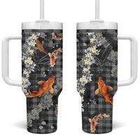Black Palaka Hawaiian And Japanese Tumbler With Handle Sakura Lei With Koi Fish - Polynesian Pride