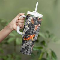 Black Palaka Hawaiian And Japanese Tumbler With Handle Sakura Lei With Koi Fish - Polynesian Pride