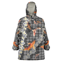 Black Palaka Hawaiian And Japanese Wearable Blanket Hoodie Sakura Lei With Koi Fish DT05 One Size Black - Polynesian Pride