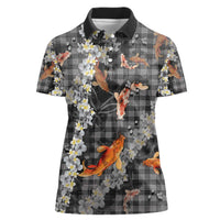 Black Palaka Hawaiian And Japanese Women Polo Shirt Sakura Lei With Koi Fish - Polynesian Pride