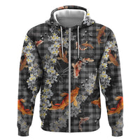 Black Palaka Hawaiian And Japanese Zip Hoodie Sakura Lei With Koi Fish DT05 Zip Hoodie Black - Polynesian Pride