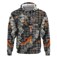 Black Palaka Hawaiian And Japanese Zip Hoodie Sakura Lei With Koi Fish DT05 Pullover Hoodie Black - Polynesian Pride