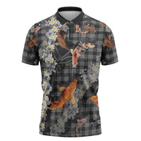 Black Palaka Hawaiian And Japanese Zipper Polo Shirt Sakura Lei With Koi Fish - Polynesian Pride