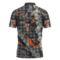 Black Palaka Hawaiian And Japanese Zipper Polo Shirt Sakura Lei With Koi Fish - Polynesian Pride