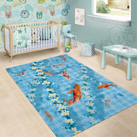 Blue Palaka Hawaiian And Japanese Area Rug Sakura Lei With Koi Fish - Polynesian Pride