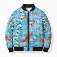 Blue Palaka Hawaiian And Japanese Bomber Puffer Jacket Sakura Lei With Koi Fish DT05 Unisex Blue - Polynesian Pride