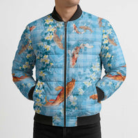 Blue Palaka Hawaiian And Japanese Bomber Puffer Jacket Sakura Lei With Koi Fish DT05 - Polynesian Pride