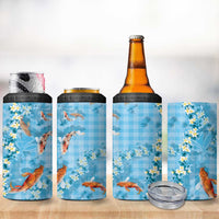 Blue Palaka Hawaiian And Japanese 4 in 1 Can Cooler Tumbler Sakura Lei With Koi Fish - Polynesian Pride