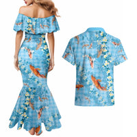 Blue Palaka Hawaiian And Japanese Couples Matching Mermaid Dress and Hawaiian Shirt Sakura Lei With Koi Fish - Polynesian Pride