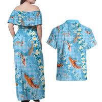 Blue Palaka Hawaiian And Japanese Couples Matching Off Shoulder Maxi Dress and Hawaiian Shirt Sakura Lei With Koi Fish - Polynesian Pride