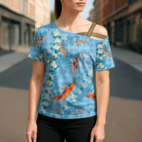 Blue Palaka Hawaiian And Japanese Cross Shoulder Shirt Sakura Lei With Koi Fish DT05 - Polynesian Pride