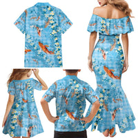 Blue Palaka Hawaiian And Japanese Family Matching Mermaid Dress and Hawaiian Shirt Sakura Lei With Koi Fish - Polynesian Pride