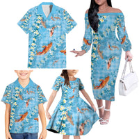 Blue Palaka Hawaiian And Japanese Family Matching Off The Shoulder Long Sleeve Dress and Hawaiian Shirt Sakura Lei With Koi Fish - Polynesian Pride