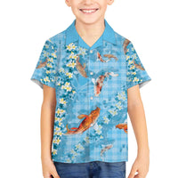 Blue Palaka Hawaiian And Japanese Family Matching Off The Shoulder Long Sleeve Dress and Hawaiian Shirt Sakura Lei With Koi Fish - Polynesian Pride