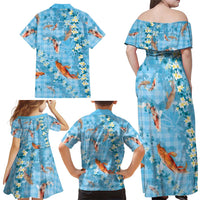 Blue Palaka Hawaiian And Japanese Family Matching Off Shoulder Maxi Dress and Hawaiian Shirt Sakura Lei With Koi Fish - Polynesian Pride