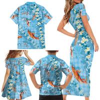 Blue Palaka Hawaiian And Japanese Family Matching Short Sleeve Bodycon Dress and Hawaiian Shirt Sakura Lei With Koi Fish - Polynesian Pride