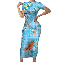 Blue Palaka Hawaiian And Japanese Family Matching Short Sleeve Bodycon Dress and Hawaiian Shirt Sakura Lei With Koi Fish - Polynesian Pride