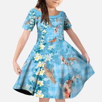 Blue Palaka Hawaiian And Japanese Family Matching Summer Maxi Dress and Hawaiian Shirt Sakura Lei With Koi Fish - Polynesian Pride