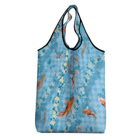 Blue Palaka Hawaiian And Japanese Grocery Bag Sakura Lei With Koi Fish - Polynesian Pride
