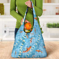 Blue Palaka Hawaiian And Japanese Grocery Bag Sakura Lei With Koi Fish - Polynesian Pride